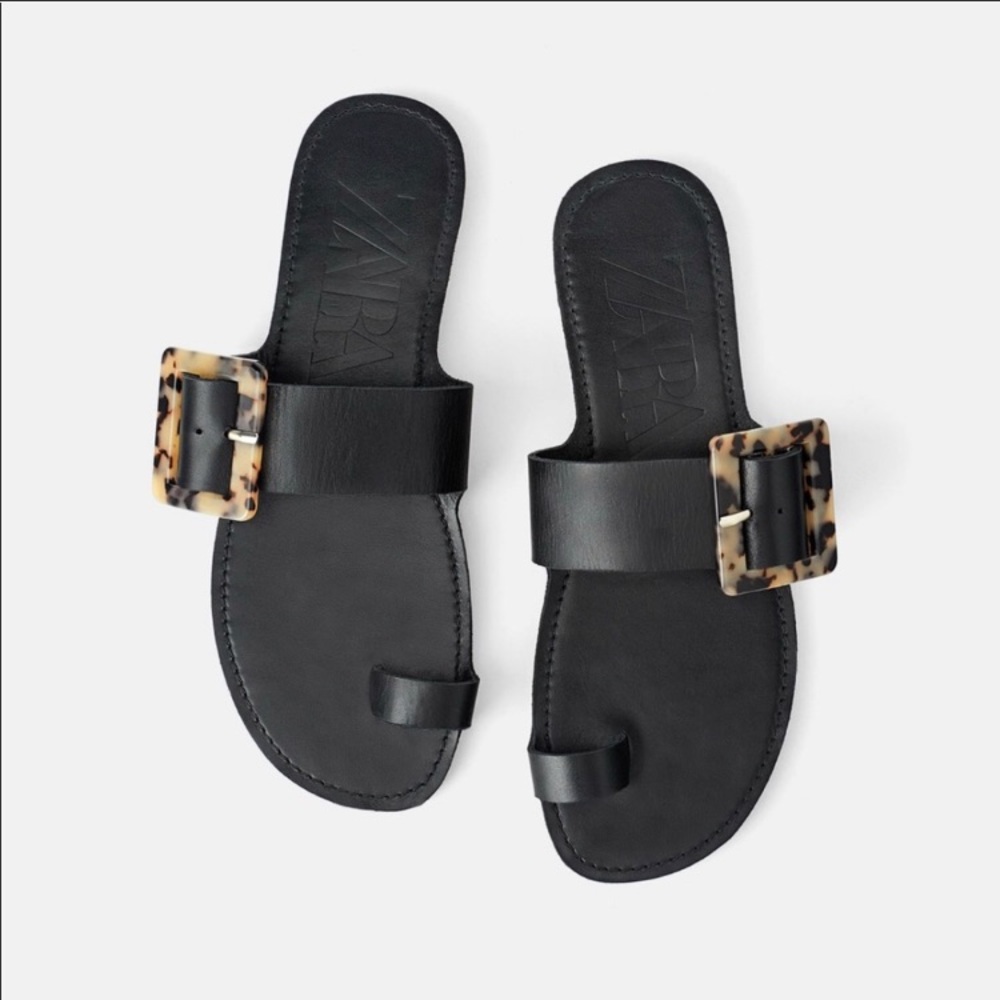 NWT ZARA BLACK SANDAL TORTOISESHELL BUCKLE